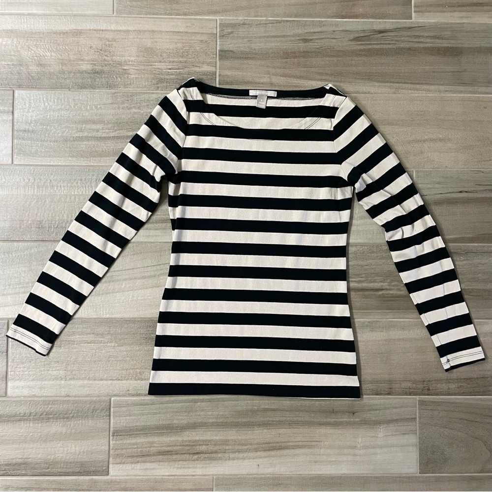 Banana Republic Beige & Black Striped Boatneck Tee